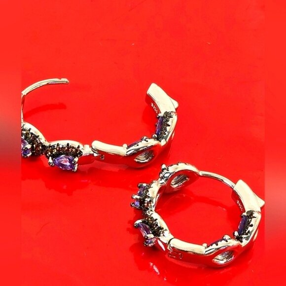 925 Sterling Silver Hoop Earrings with Natural Tanzanite & Sapphire Gems - Picture 5 of 7